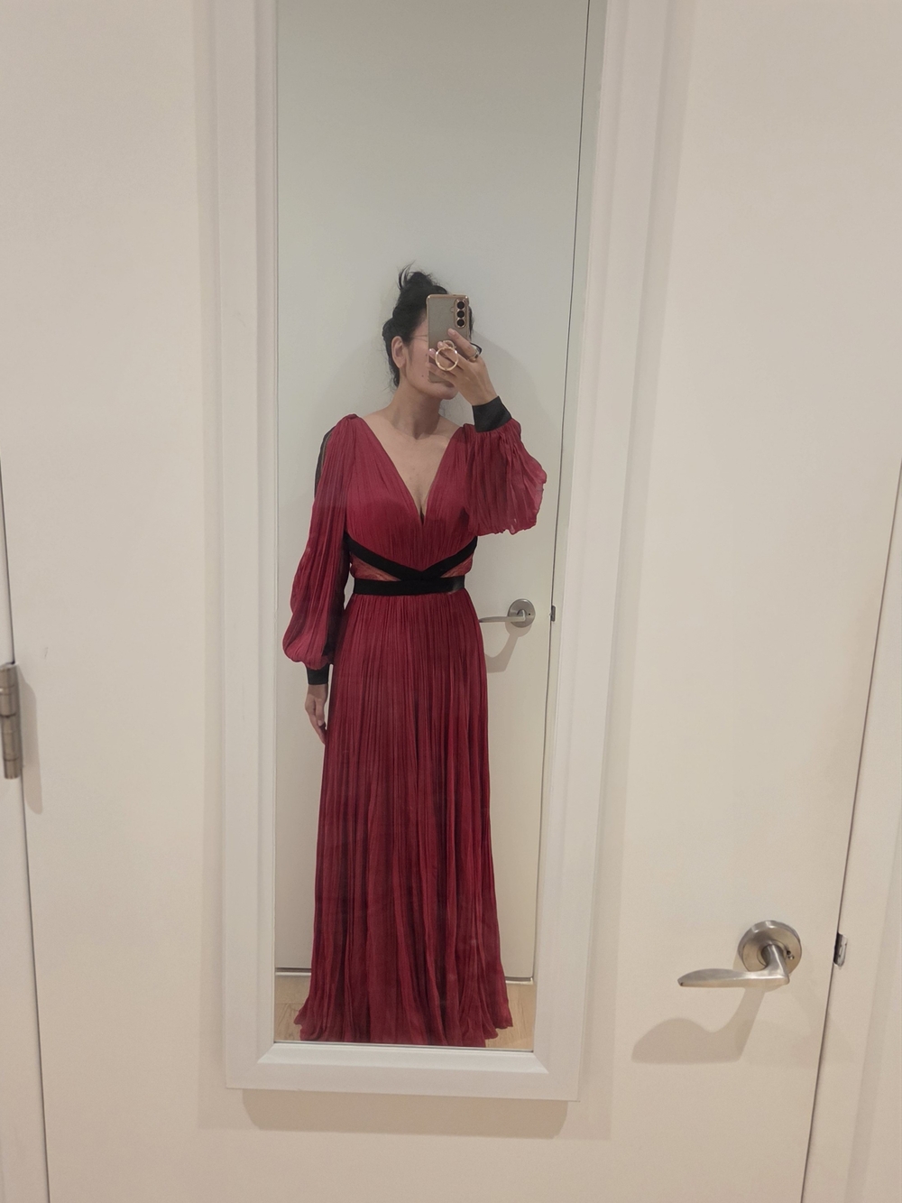J. Mendel Elegant Wine Red Chiffon Gown with Black Accents And Fine Lace